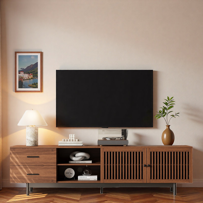 Meuble télé moderne avec 2 tiroirs profonds, armoire de rangement avec portes à lattes chics et gestion des câbles