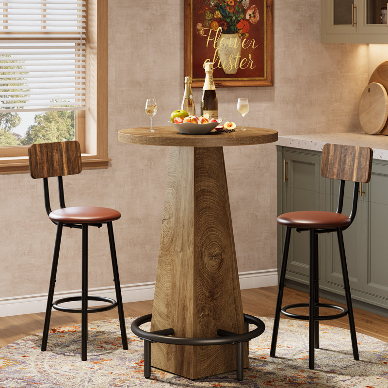 37.4" H Round Dining Table, Counter Height Kitchen Table Bar Table With Footrest, Light Brown