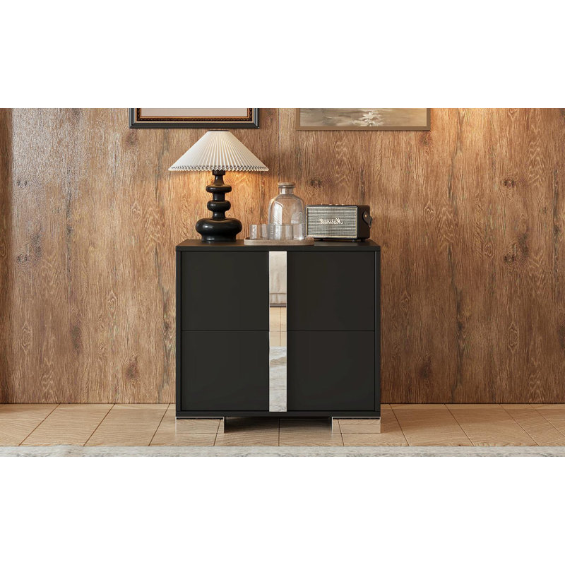 Table de chevet élégante avec pied en métal, table de chevet à miroir avec 2 tiroirs pour la chambre à coucher, salon, noir