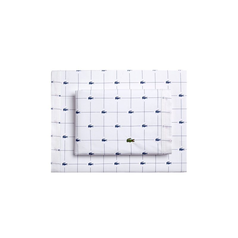 Lacoste Slice Geometric 100% Cotton Percale Sheet Set, Blue, Queen Sheet Set with 2 Pillowcases