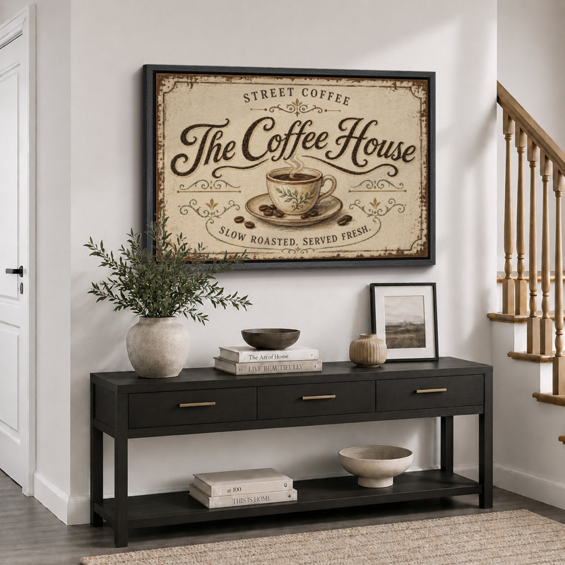 «Street Coffee The Coffee House», art rétro, impression sur toile, H 24 po x l 36 po x P 1,5 po, Cadre noir