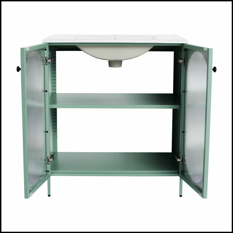 Meuble-lavabo autoportant de 30 pouces avec lavabo, porte en acrylique durable et pieds réglables pour un confort et une protection accrus.