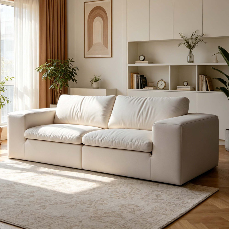 Canapé beige moderne à accoudoirs modulaires carrés avec accoudoirs larges et coussins lavables amovibles, Causeuse 2 places
