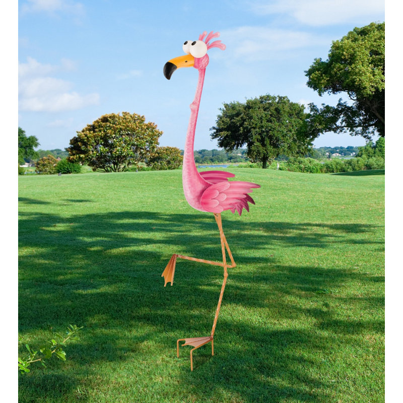 Piquet de jardin en métal Goofy Bird avec une finition multicolore résistante aux intempéries, Flamant rose