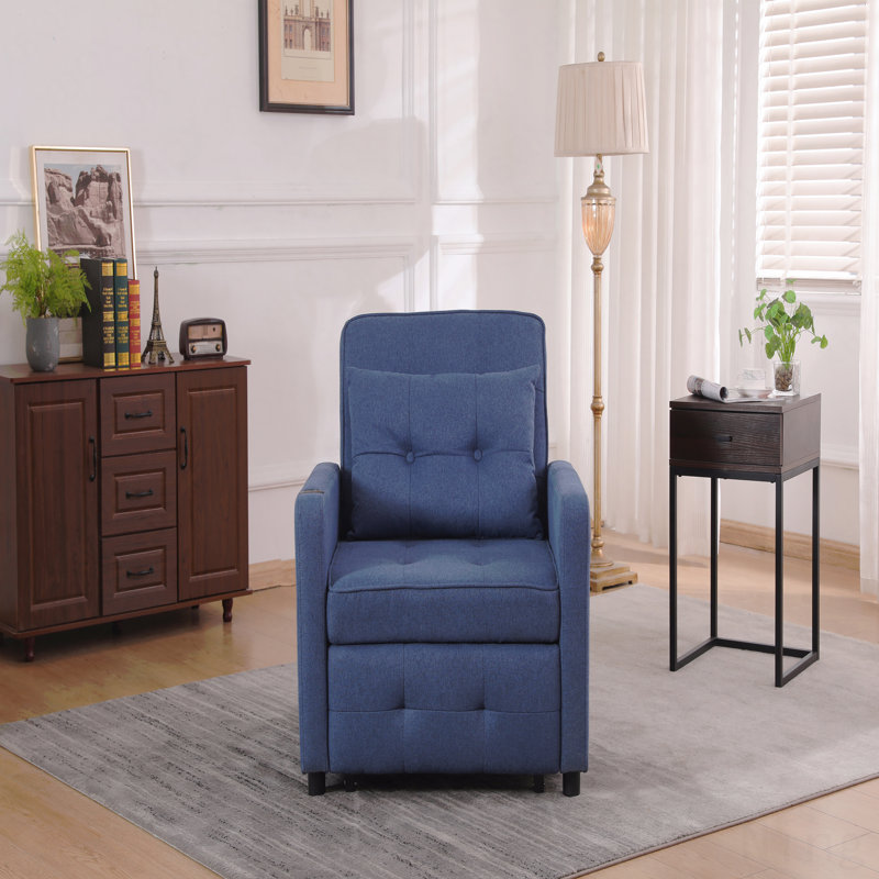 Fauteuil-lit inclinable 3-en-1 en lin bleu marine - ports USB, poche latérale, canapé-lit escamotable, Bleu