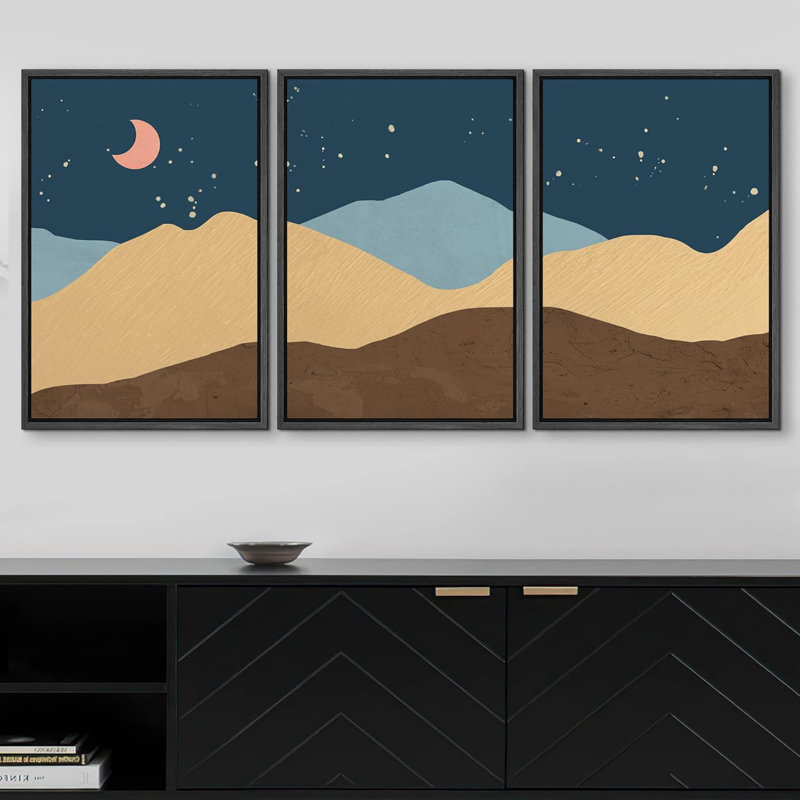 " Tan Blue & Brown Colour Block Mountains Nature Wilderness Modern Art Southwest Colourful Multicolor " 3 - Pieces, Noir
