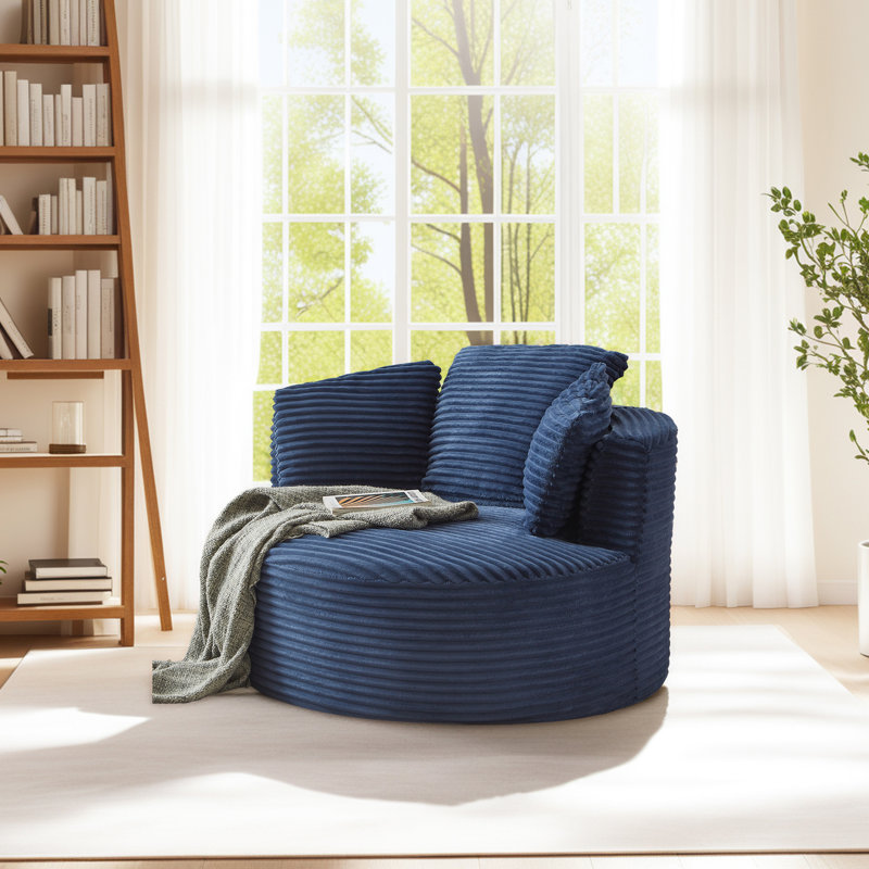 Lozena  49" Corduroy Upholstered Barrel Chair, Oversized Round Compression Chaise Lounge, No Assembly Required, Blue Corduroy