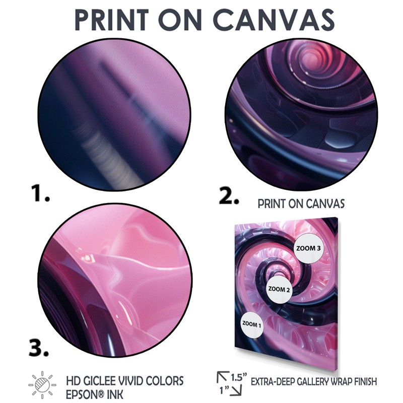 Reproduction d'art mural en spirale rose et noir - Spirales abstraites, Toile avec cadre flottant noir