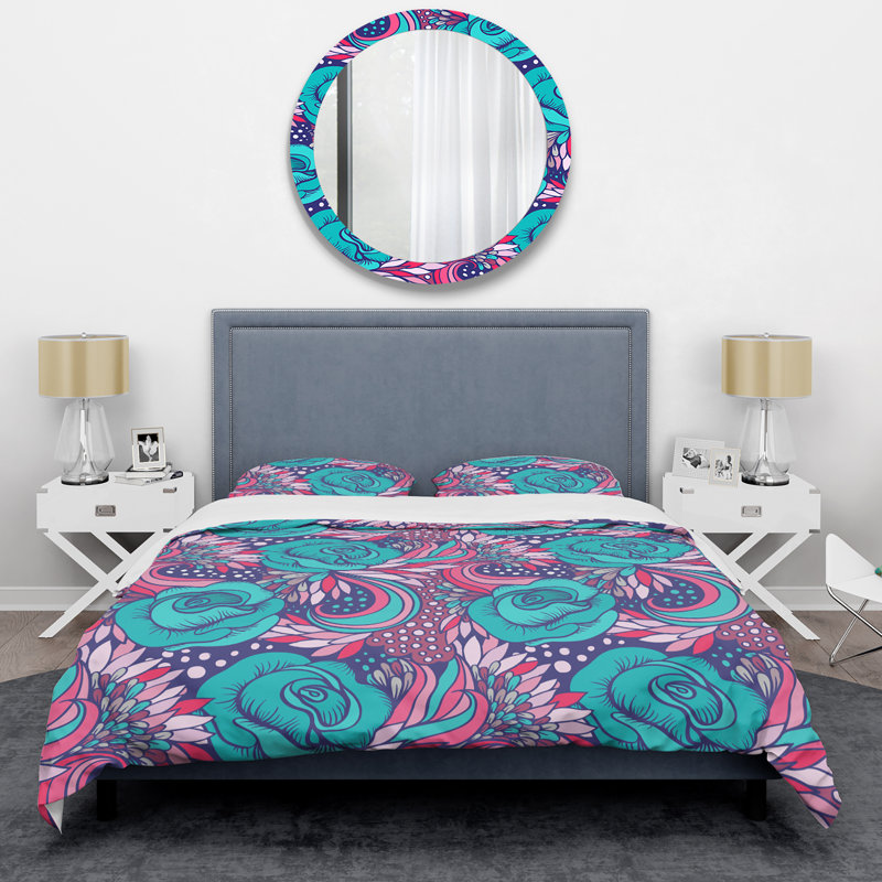 Fleurs bleues rétro - Ensemble de housse de couette Cabin & Lodge, Housse de couette pour grand lit et 2 taies décor