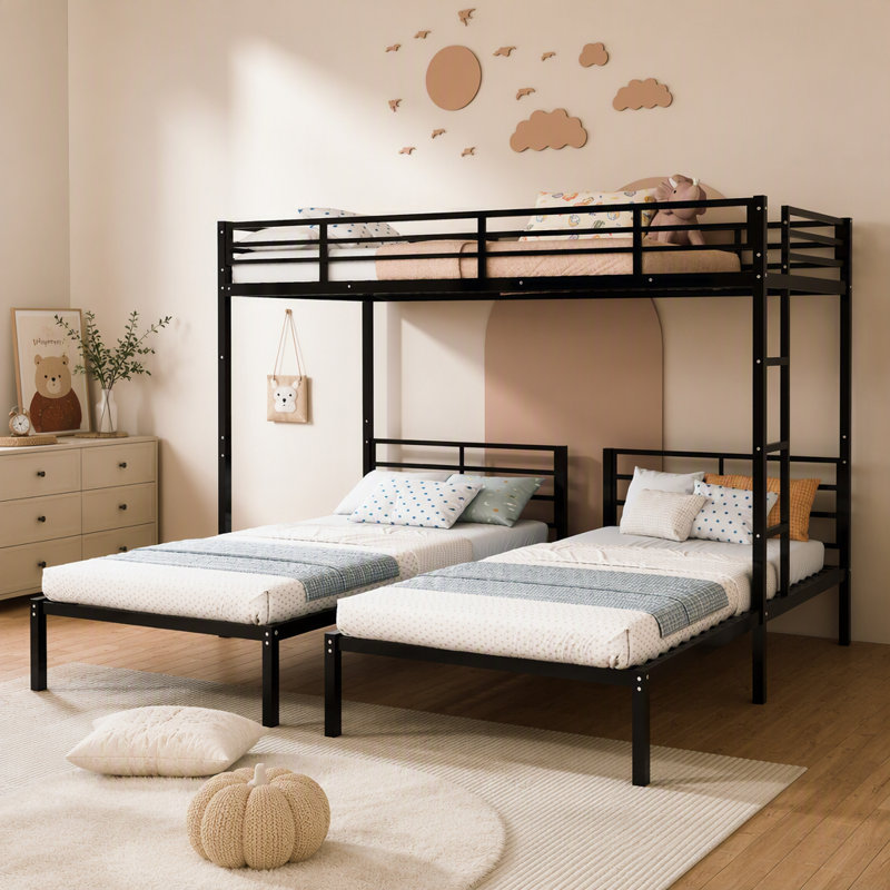 Triple lit superposé pour enfants, 3 lits superposés pour 3 personnes, lits superposés en métal triple, se sépare en 3 lits simples, structure à bruit réduit, noir