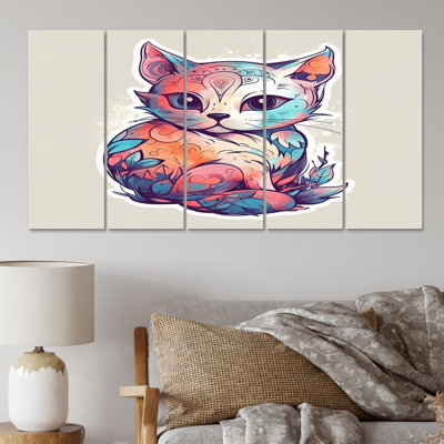 Pink Cute Kitten Cat Illustration III - Animals Cat Canvas Print - 5 Equal Panels