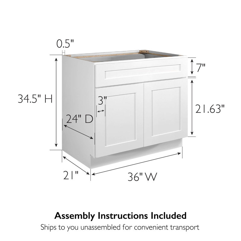 Design House Brookings Unassembled Shaker Sink Base Kitchen Cabinet, White, 36" W