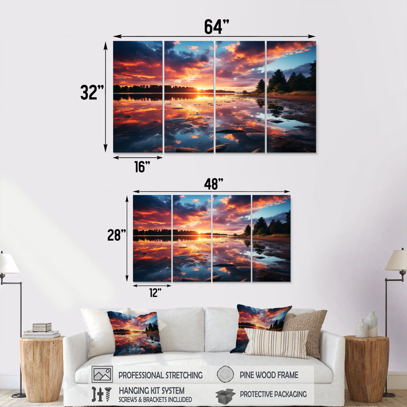 «Horizon Sunset By The Lake I - Lake», art mural 4 pièces, H 32 po x l 64 po