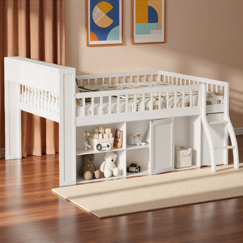 Lit mezzanine peu encombrant avec tablettes de rangement, tête de lit avec lumière DEL, Naturel, Lit double