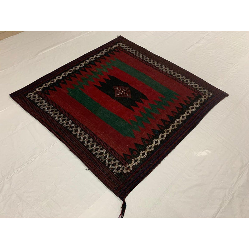 Tapis carré en laine noué à la main de conception unique de 4 pi 9 po de couleur rouille / vert / noir