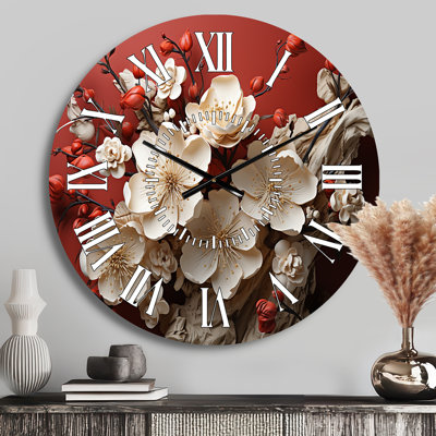 White And Red Orchid Flower Branches V - Abstract Floral White Face Wall Clock