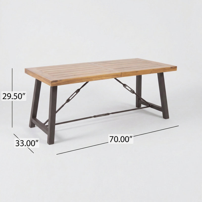 Table de salle à manger d'extérieur avec plateau en bois d'acacia et base en métal. Finition en teck.