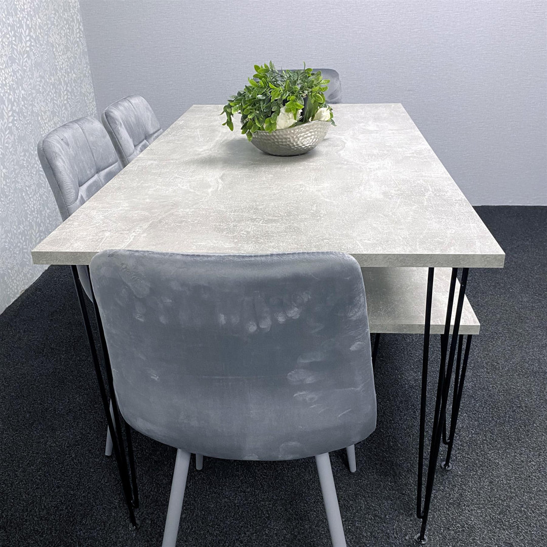 Dining Table with Hairpin Legs, Bench & 4 Velvet Chairs Set