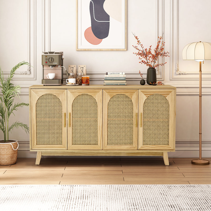 Armoire moderne à 4 portes avec portes décoratives en rotin, Naturel