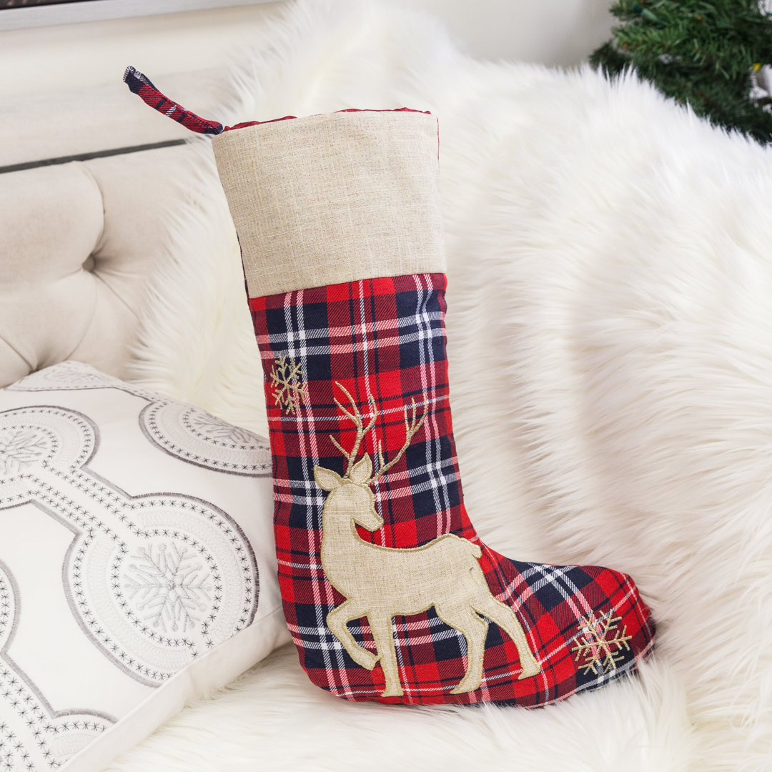 Christmas Reindeer Plaid Embroidered Classic Xmas Sock Stocking The Holiday Aisle®