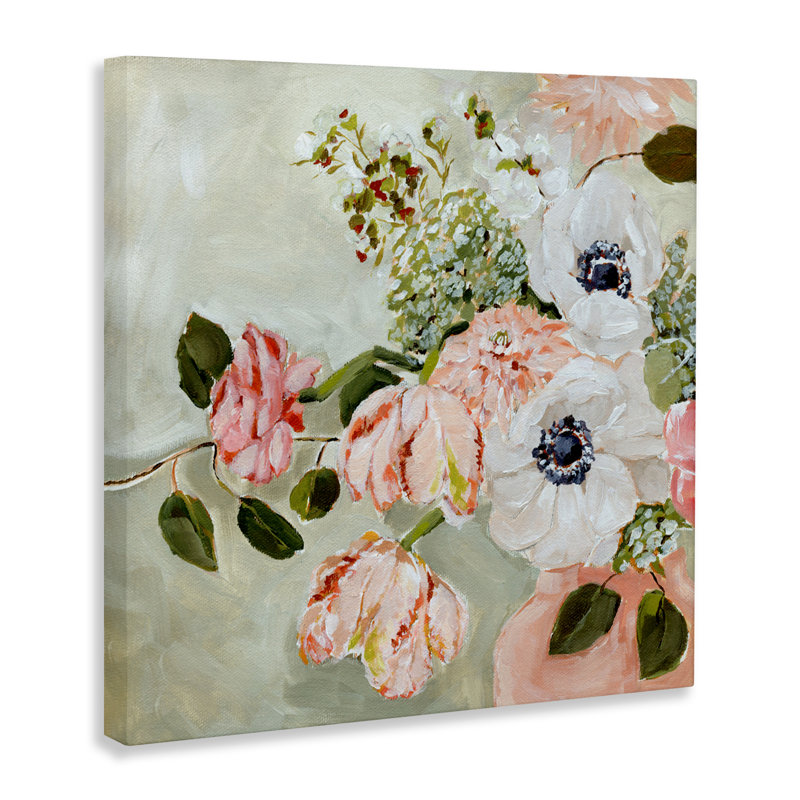 Toile de fleurs subtiles rose et blanc printanier, design par Annie Quigley, H 17 po x l 17 po