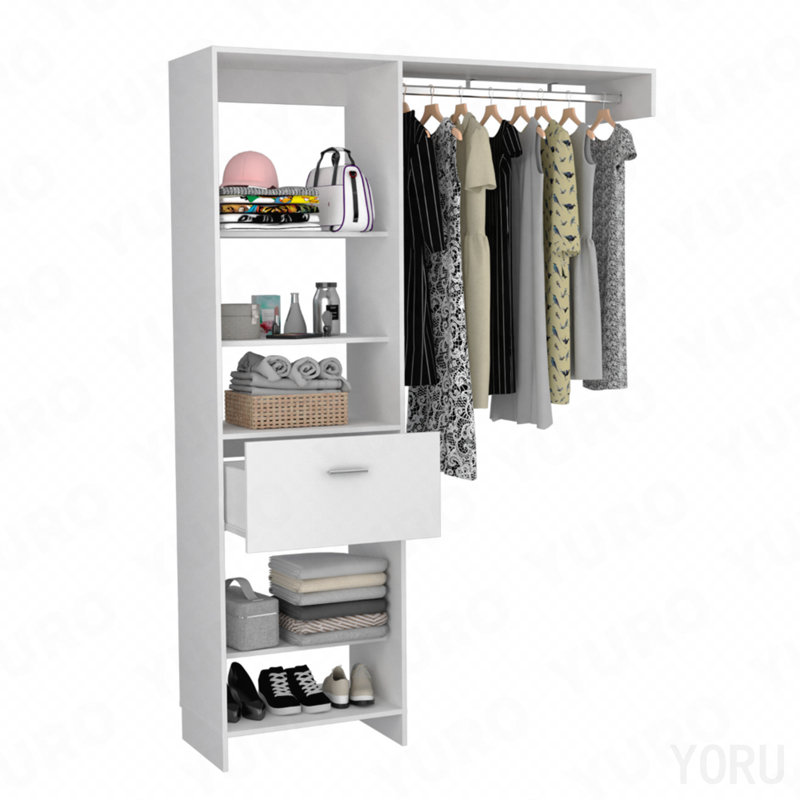 Système de placard, tringle en métal, 5 tablettes, 1 tiroir pour la chambre à coucher - blanc