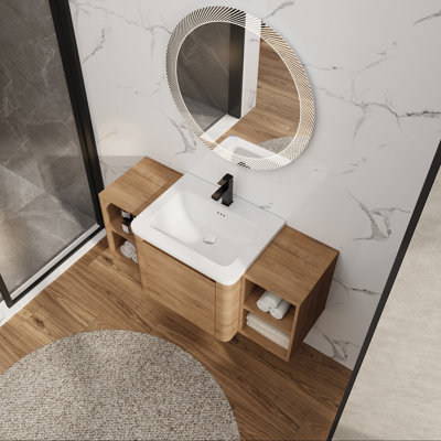 Meuble-lavabo mural avec lavabo en céramique, deux tablettes ouvertes et porte à fermeture en douceur