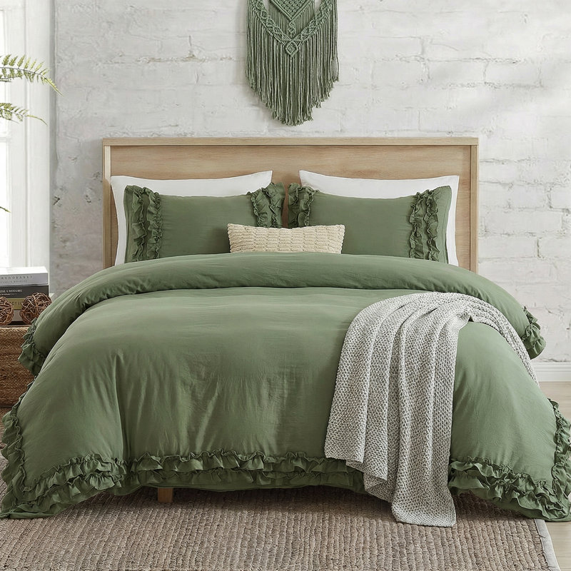 Ensemble de literie à housse de couette à volants et à volants, Housse de couette simple + 2 taies d'oreiller, Vert avocat