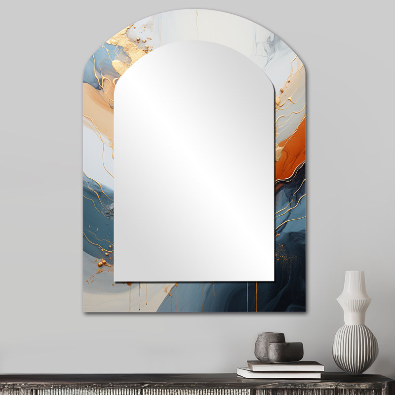 Golden Sunrisre Abstract Gold And Nova Blue I - Abstract Painting Arch Unique Wall Mirror Decor, Gold Asymmetrical Large Mirror, Printed Metal Art