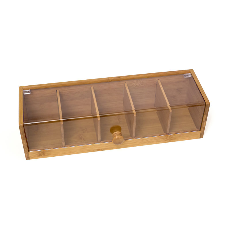 Natural Bamboo and Acrylic 5-Section Tea Box Organizer