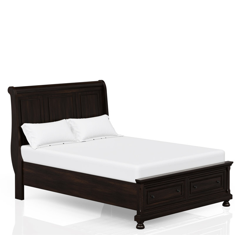 Grand lit en cerisier foncé avec rangement, design transitionnel, finition stable et robuste