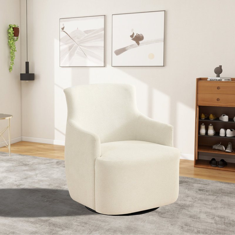 Small Swivel Chair, Boucle Upholstered Fabric Barrel Chair, Beige Chenille