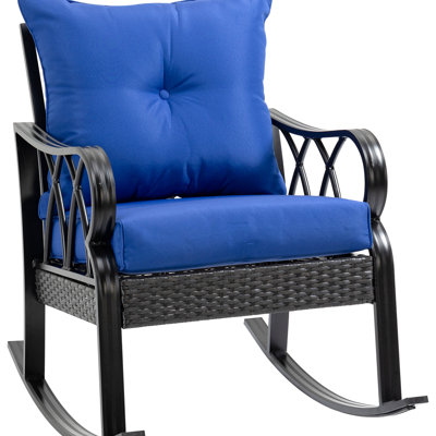 Chaise berçante de jardin avec coussins moelleux - bleu. Pour le patio et la cour. Gracieux. Base en métal robuste. Toutes saisons. Extérieur l 35,5 po avec coussins et accents bleus