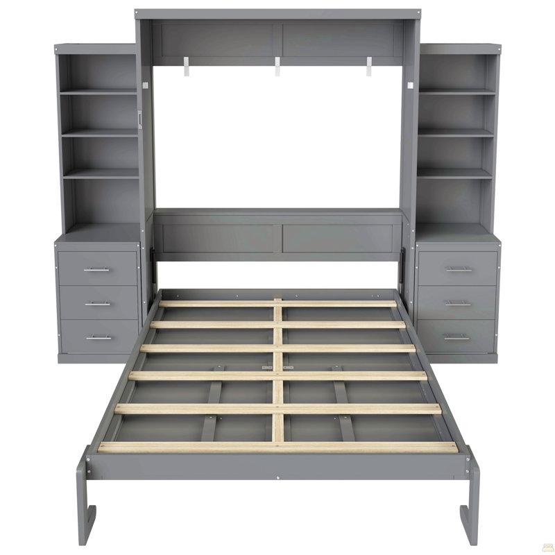 Grand lit escamotable avec tablettes de rangement et tiroirs, Grey