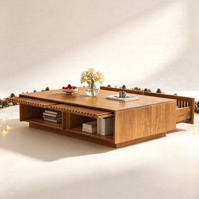 Rectangular Low Profile Coffee Table, MDF with Acacia Veneer Slatted Hidden Storage Cocktail Table, Mid-Century Modern Farmhouse Center Table with Fli