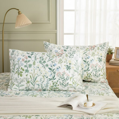 Queen Size Pillowcases Set of 2, 100% Cotton Pillow Cases, Fresh Green Botanical Bloom Pillow Covers, Smooth Cooling Envelope Closure Pillow Case Set (Queen, 20"x30")