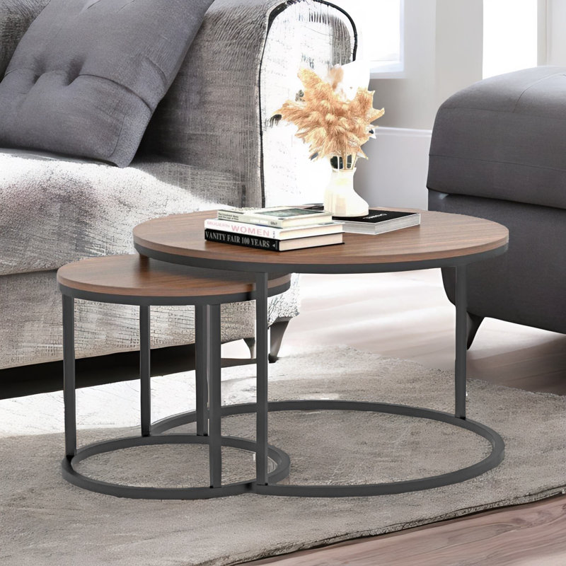 2Pc. Rustic Wooden Nest of Round Tables Metal Frame Coffee Side Tables Living Room Furniture