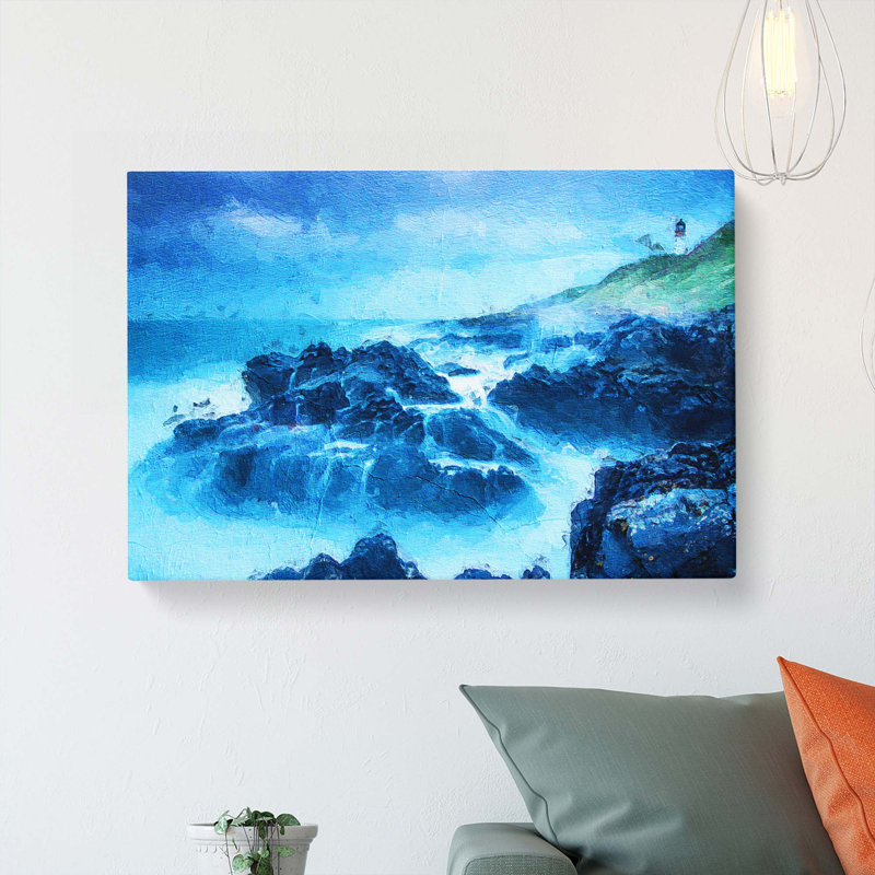 Lighthouse On A Hill With Seascape - Wrapped Canvas Painting, 35cm H x 50cm W x 3cm D