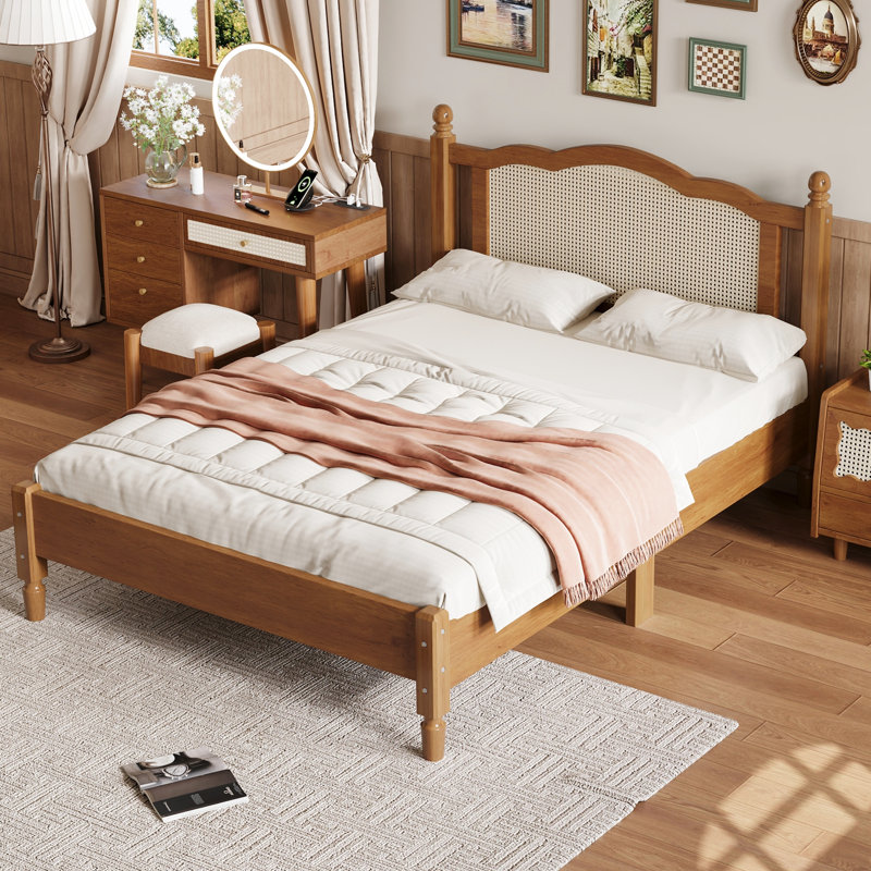 Lit double avec tête de lit élégante, noyer, plateforme en bois de chambre à coucher