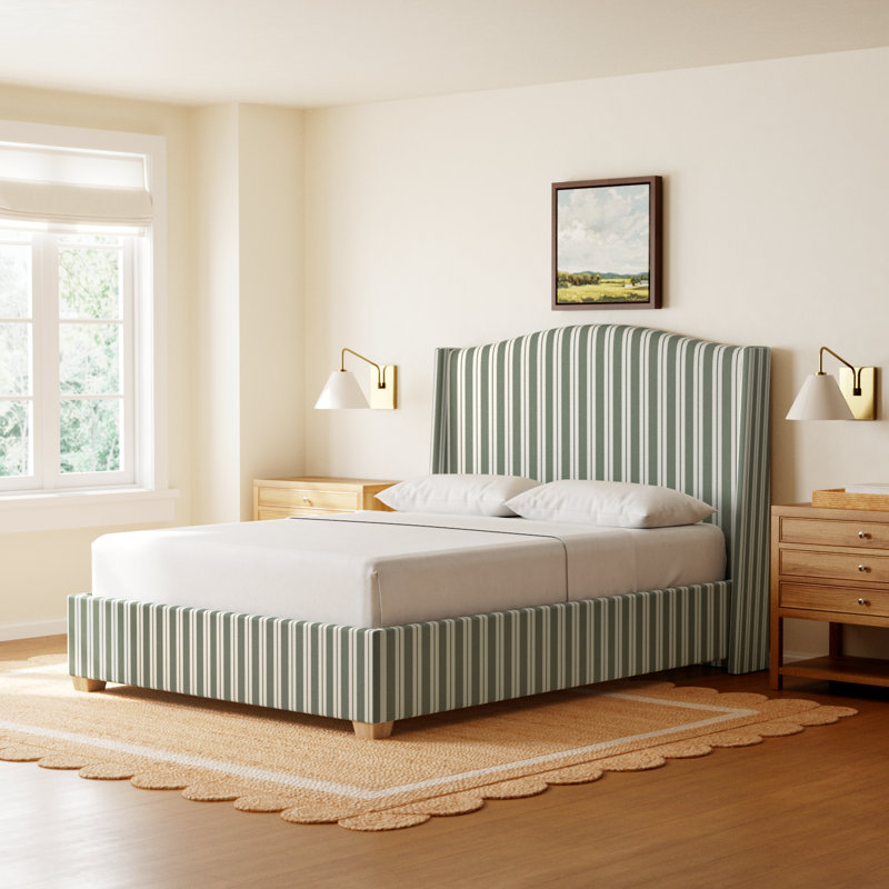 Allis Upholstered Wingback Bed, Queen, Prep Stripe Blue