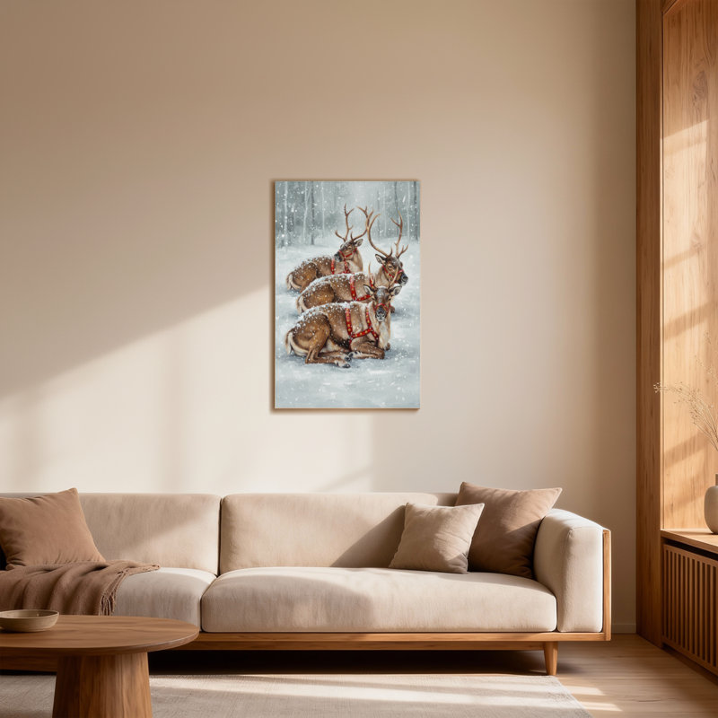 Animals Reindeer In Snowy Forest Scene With Red Harness, 18" H x 12" W