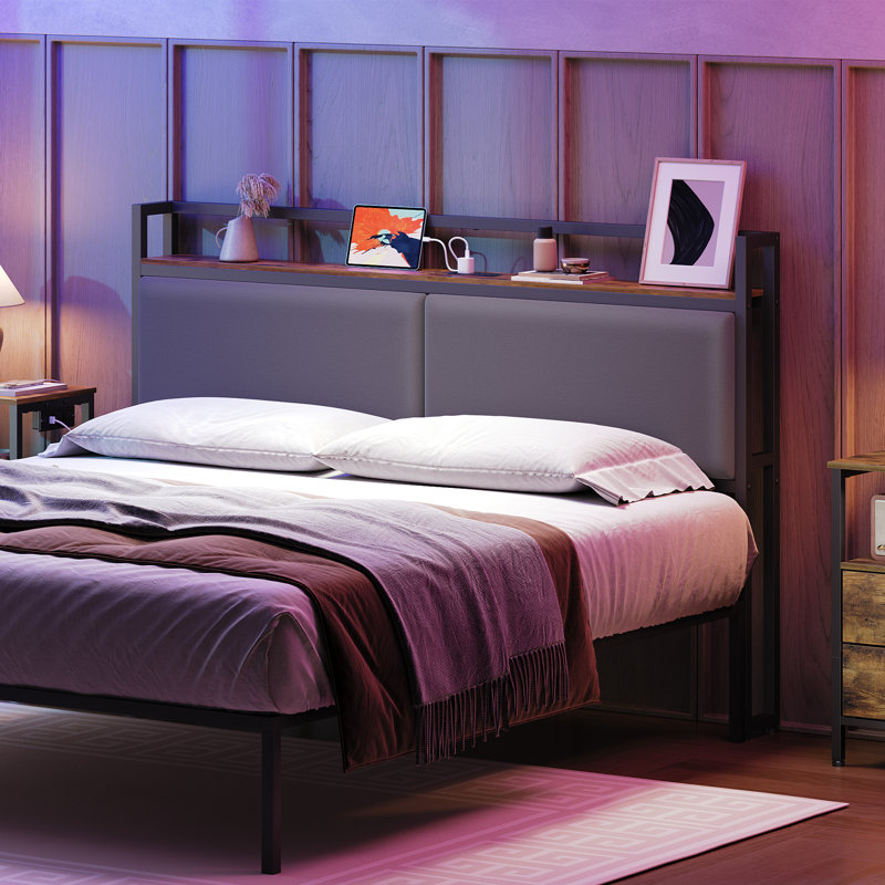 Upholstered Headboard Metal Frame with Charging Station and Storage, Queen, Gray/Brown