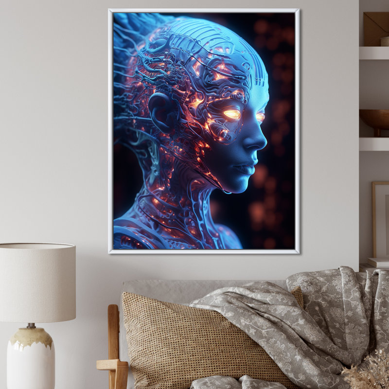 Portrait de science-fiction d'une femme iridiscente futuriste, H 20 po x l 12 po x P 1 po, Cadre flottant blanc