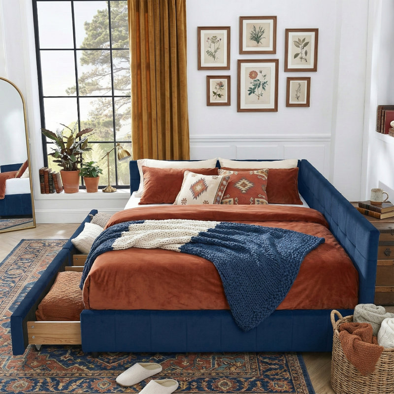 85.5" W Queen Size Upholstered Daybed with 2 Storage Drawers, Tufted Velvet Sofa Bed Frame, Blue, Blue