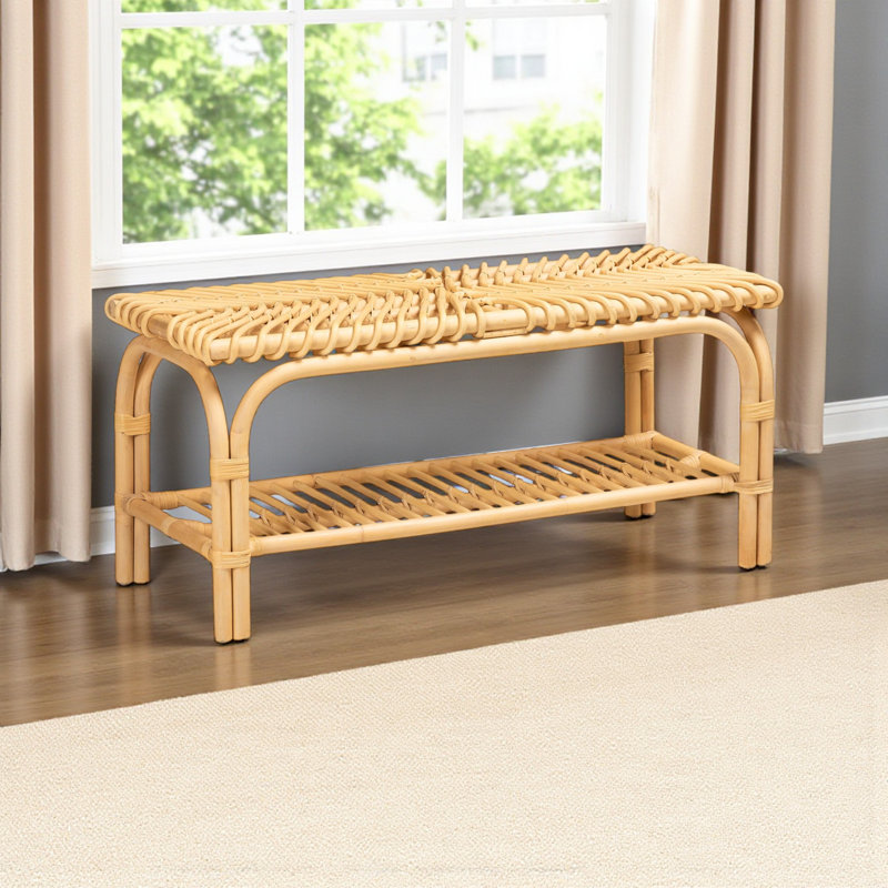Banc d'appoint moderne de style bohémien avec construction naturelle, siège rectangulaire, une tablette ouverte, ornements enroulés et structure ajourée, couleur brune, 16,38 po de profondeur, 39,36 de largeur, 18,54 de hauteur, 13,95 lb