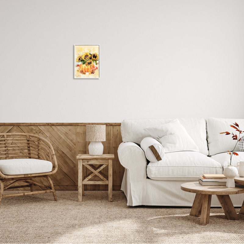 Récolte de citrouilles, tournesols et feuilles d'automne rouges et orange par Ziwei Li - Peinture, H 14 po x l 11 po