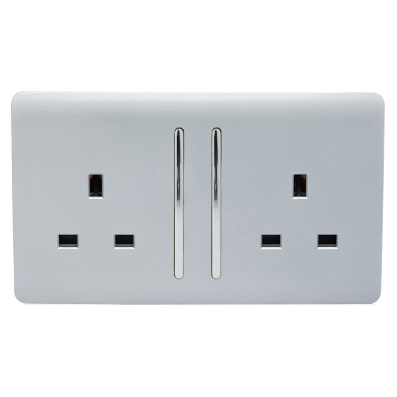 Trendi Switch 2 Gang Long Switched Plug Socket, Silver