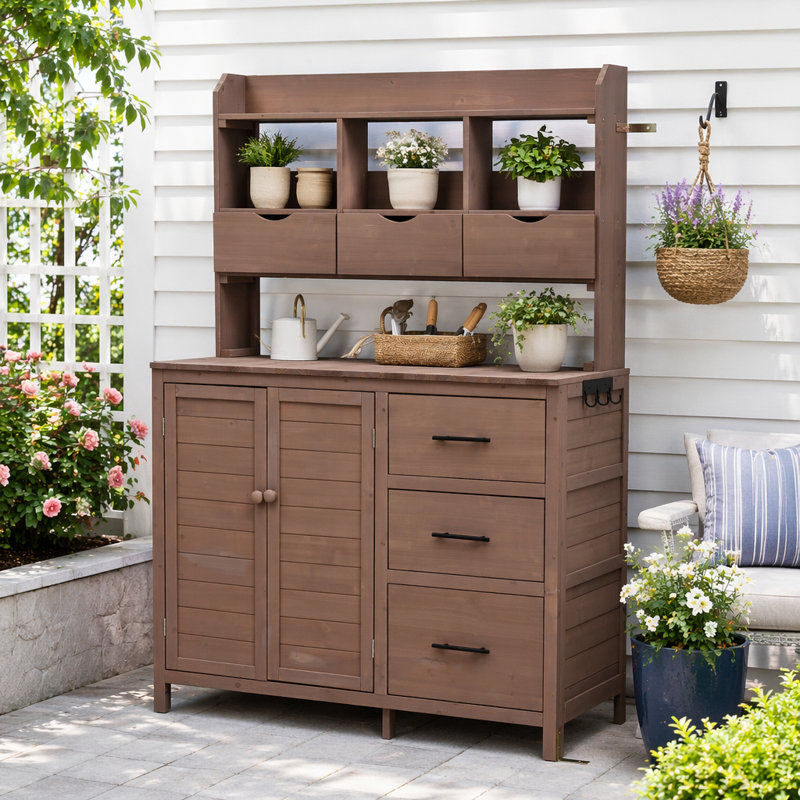 Banc de patio avec 6 tiroirs et armoire Farmhouse, Brun