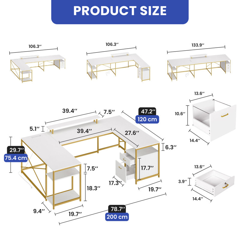 Bureau d'ordinateur en U avec huche L 78,7 po Lannes, Blanc / doré