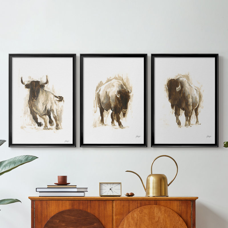 Rustic Bull II - Toile tendue avec châssis sur mesure - 3 pièces, Noir, H 21 po x l 30 po